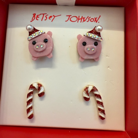 Betsey Johnson 2 Pair Stud Earring Set Candy Cane & Santa Pig NIB - Picture 2 of 3